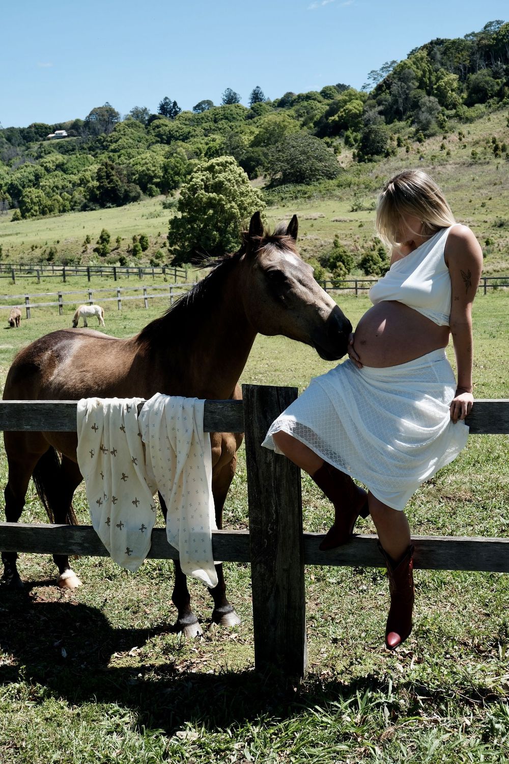 Maternity portrait on a fence with a horse
